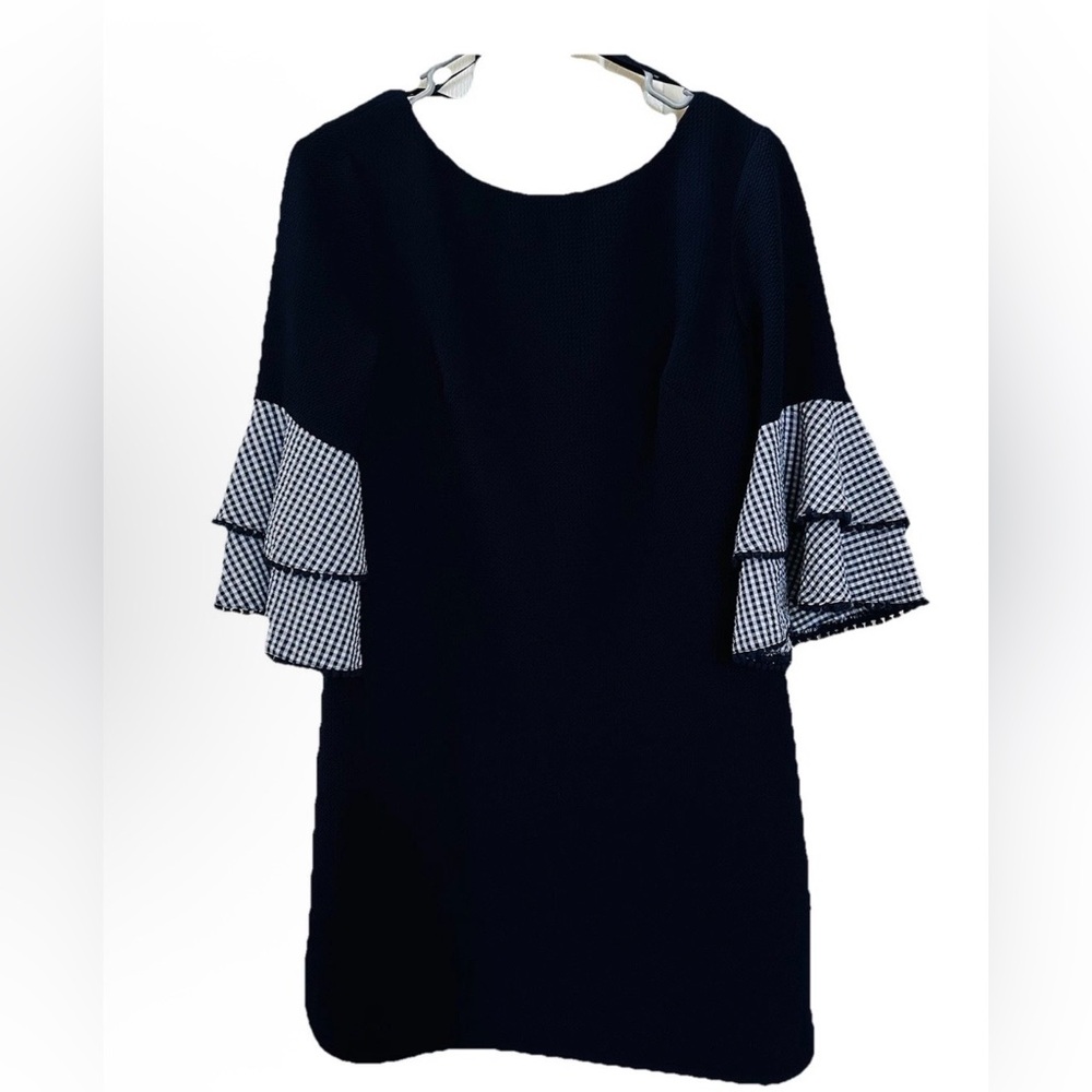 Howard Navy Blue Gingham Midi Shift Dress 8P Bell Sleeve Preppy Academia